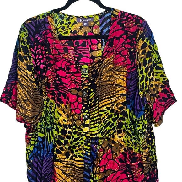 Roaman’s Tunic Top Sz 24 W Button Front Crinkled Rayon Crepe Mixed Animal Print - Picture 4 of 10